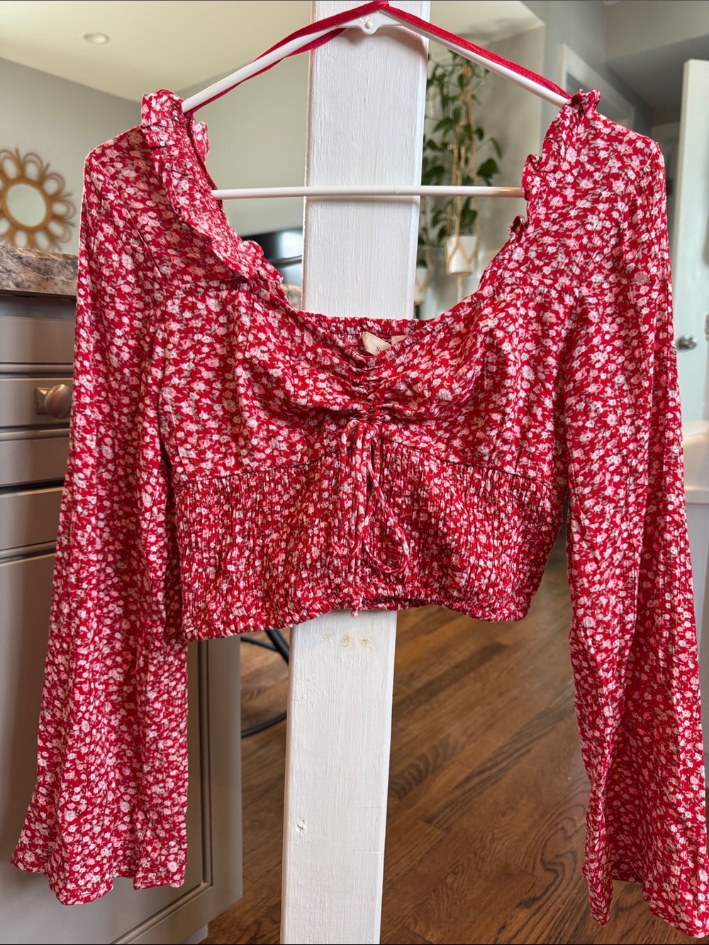 Red Floral Tie-Front Cropped Peasant Top